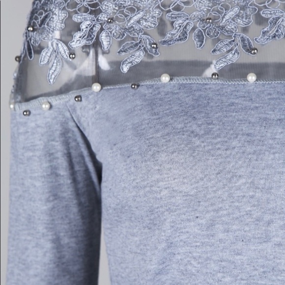 Gray off shoulder lace bead embellished blouse.  size:s - Picture 4 of 4